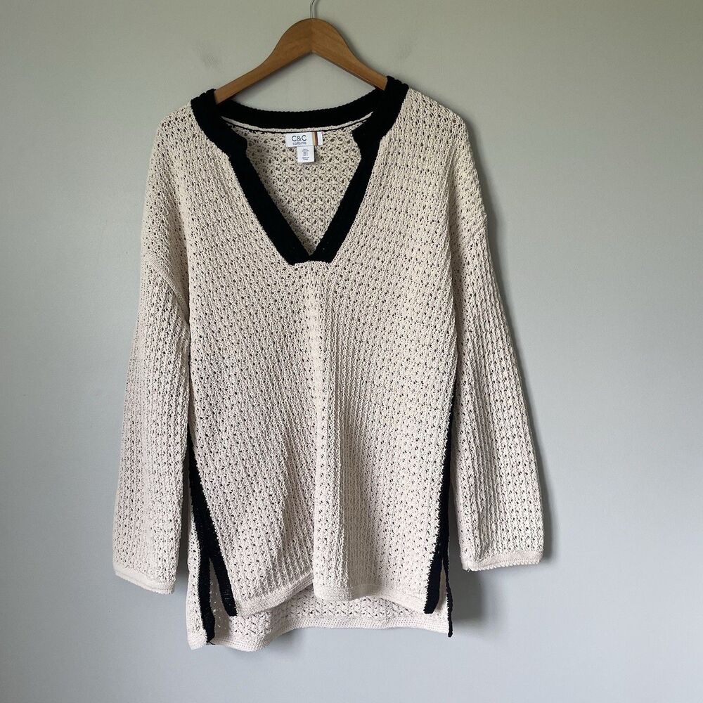 C&C California Crochet Knit Sweater Tunic Top Beige Black Women's Size Large